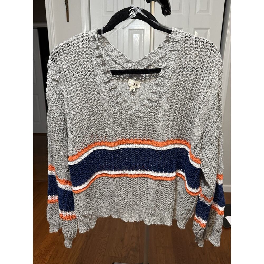 POL Chunky-Knit Striped Pullover Sweater Gray Navy Orange White V-Neck M